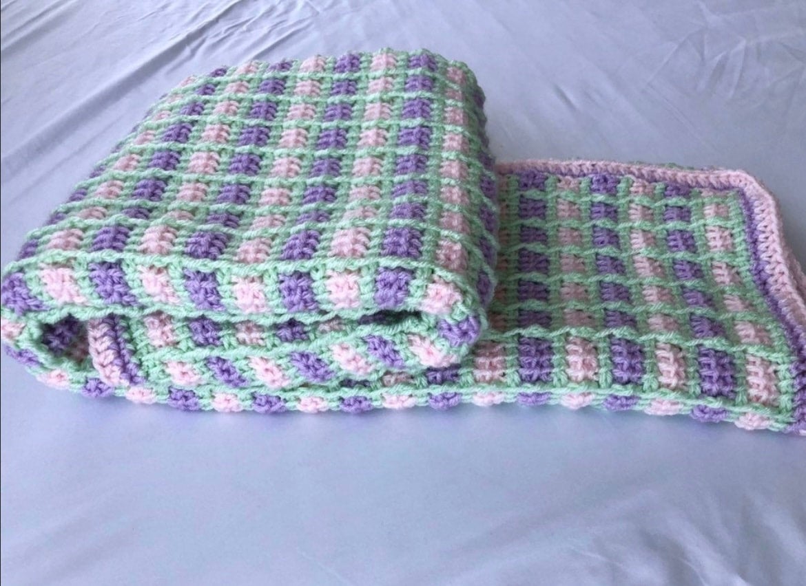 Afghan Throw Color Blocks Blue top Purple Cream Pink Black Wedding Gift One Of A Kind READY TO SHIP Soft Crocheted Free Shipping Housewarming